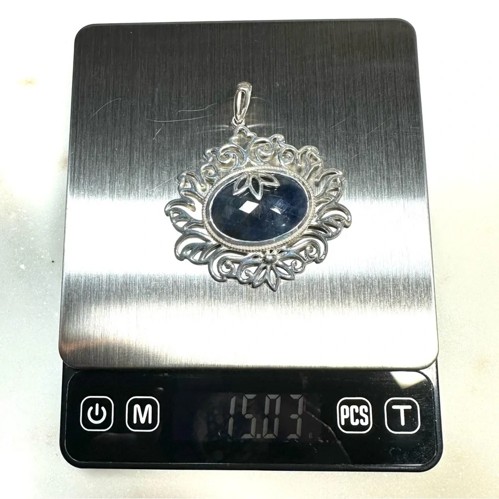 Faceted Oval Rose-cut Fancy Blue Sodalite Solid Sterling Silver Pendant